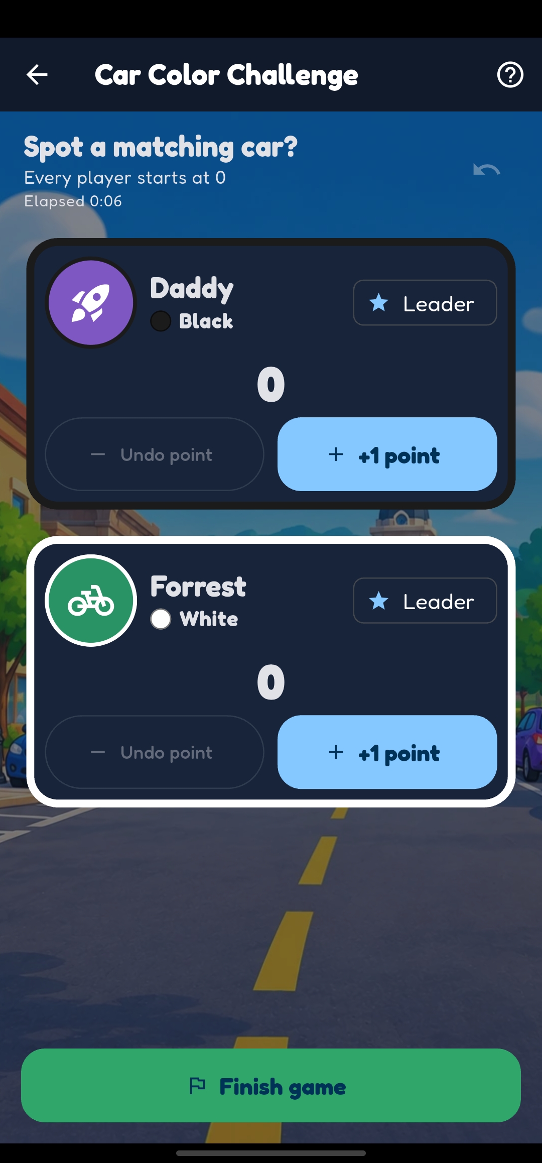 Road Rivals Car Color Challenge with player score cards and a passenger-friendly point button