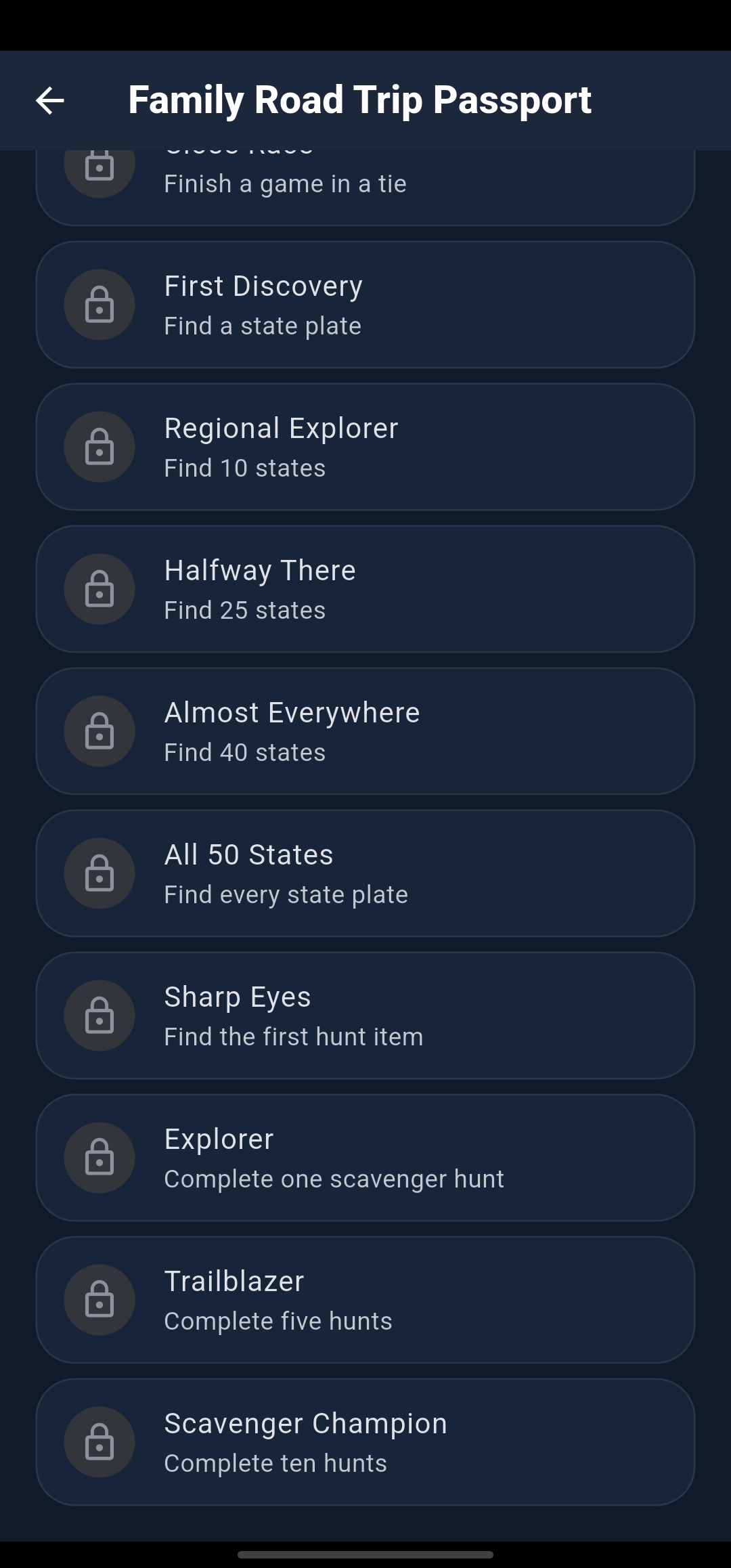 Road Rivals Family Road Trip Passport showing achievements for visiting states and completing games