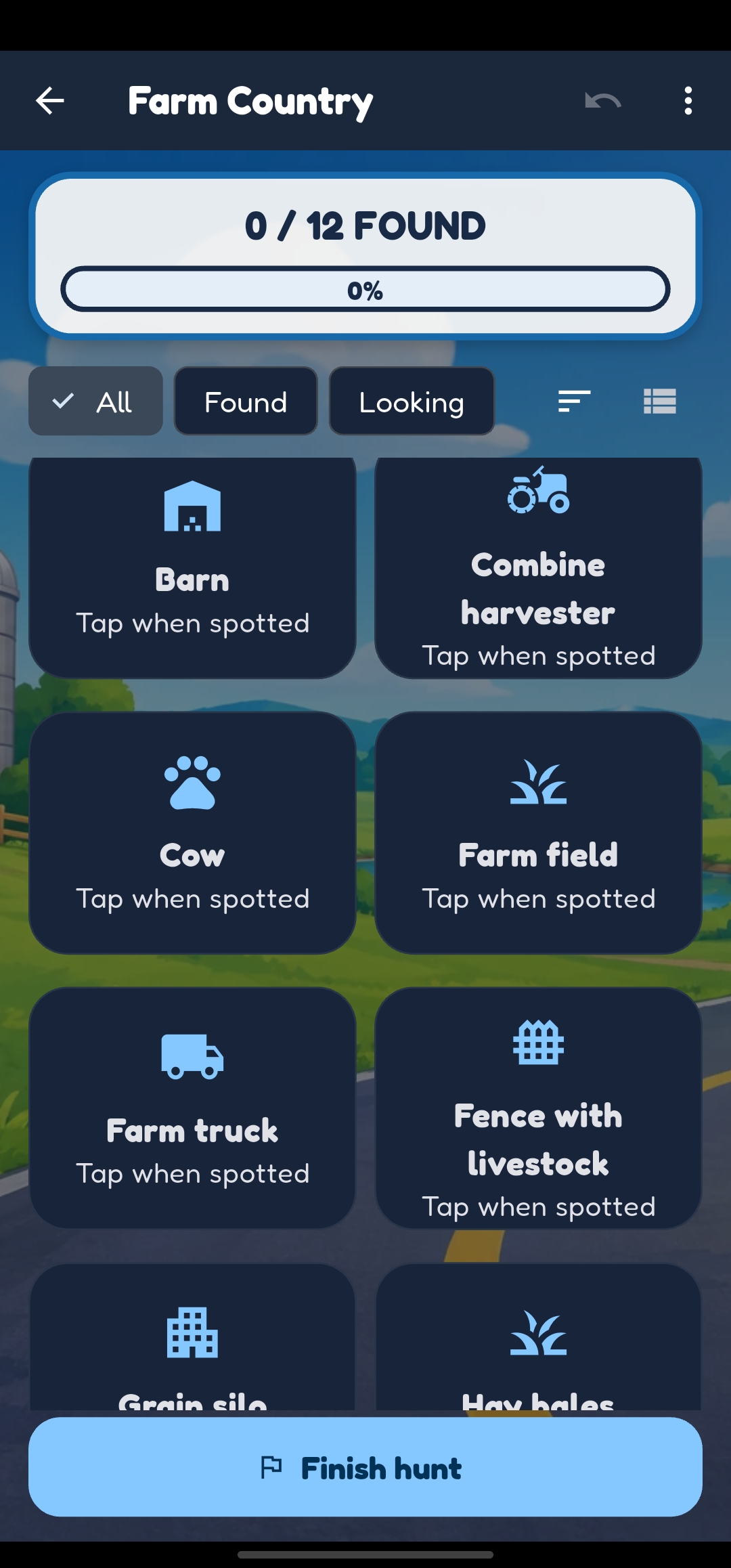 Road Rivals Farm Country scavenger hunt with illustrated items to find and a completion progress bar