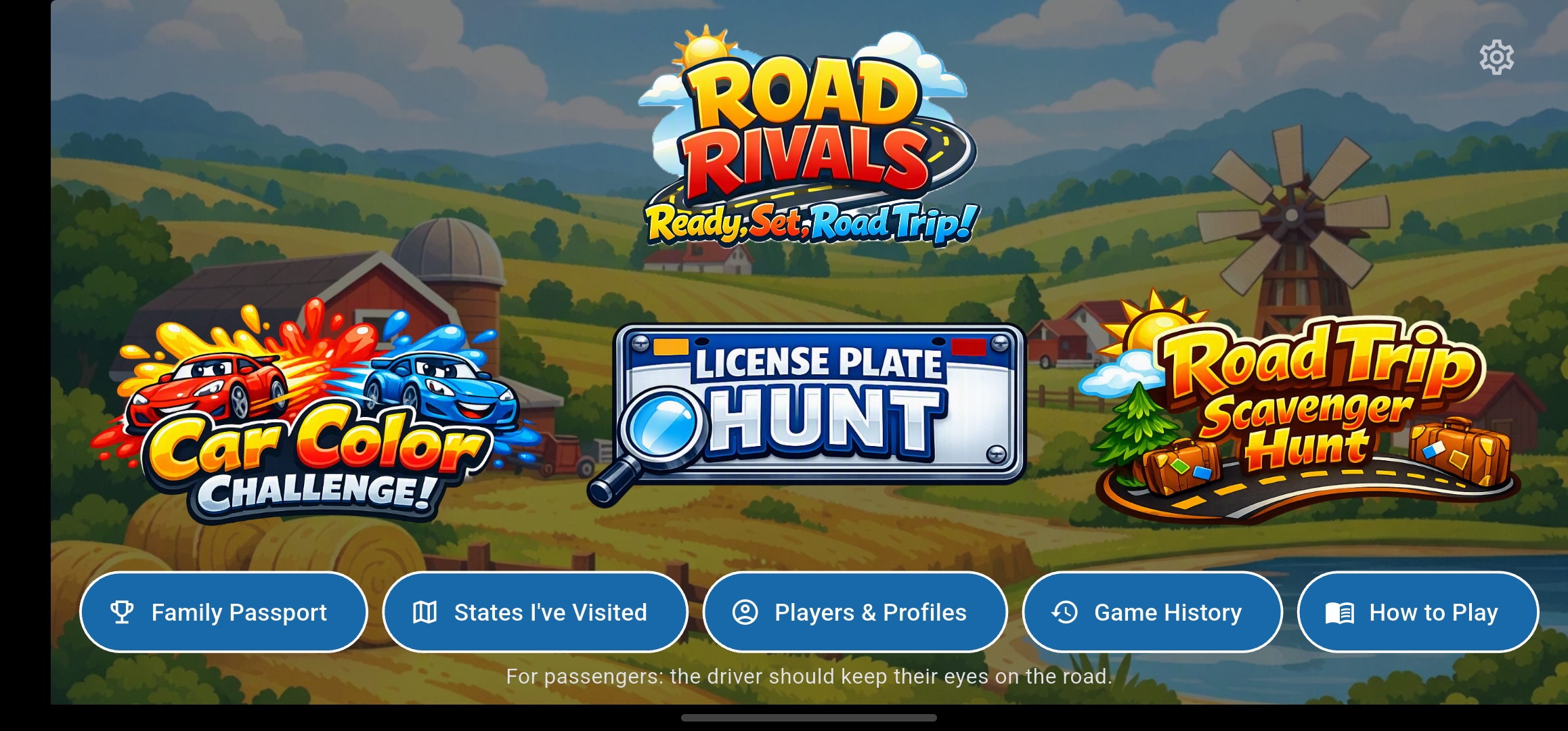 Road Rivals home screen showing the Car Color Challenge, License Plate Hunt, and Road Trip Scavenger Hunt game modes