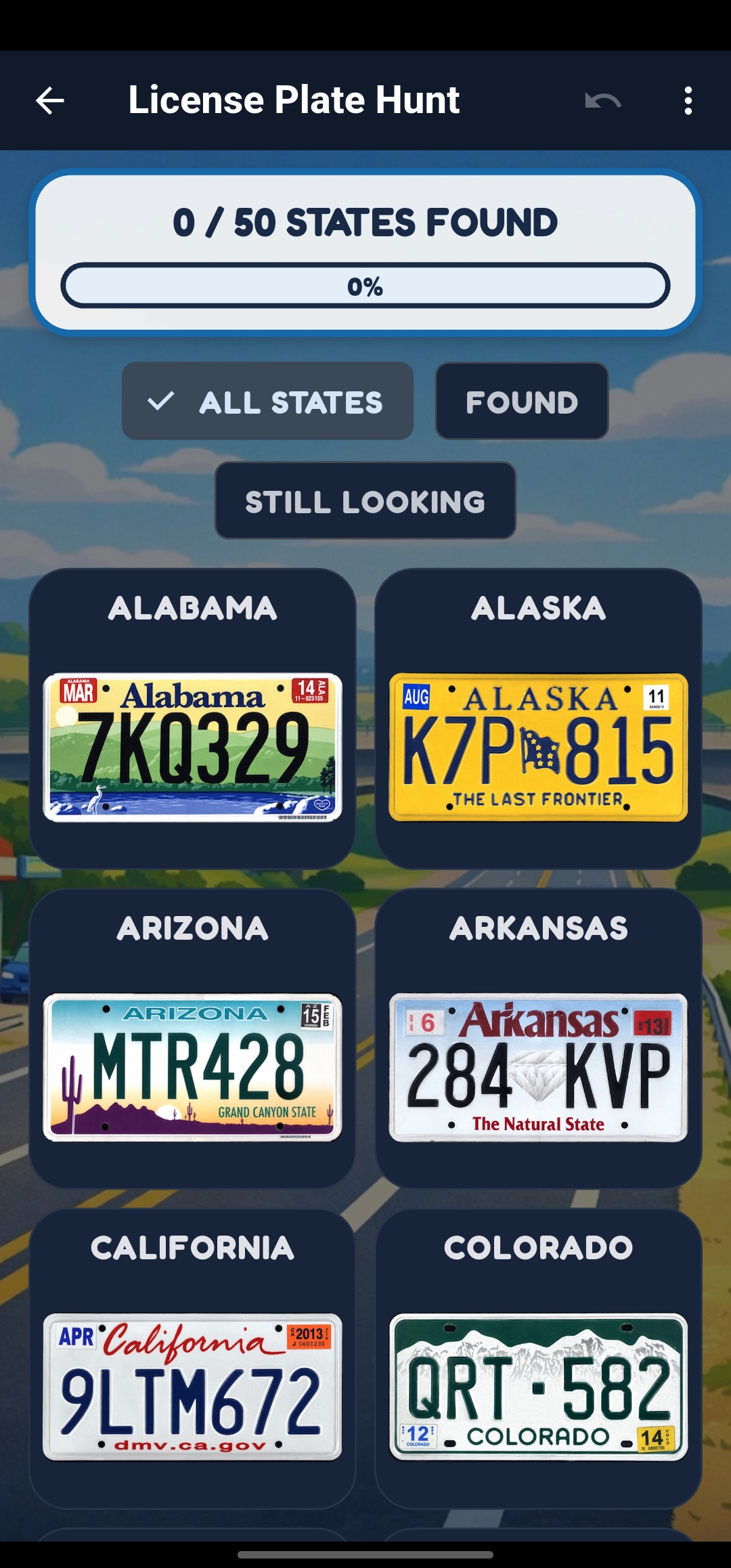Vertical Road Rivals license plate hunt screen showing illustrated plates from U.S. states and collection progress