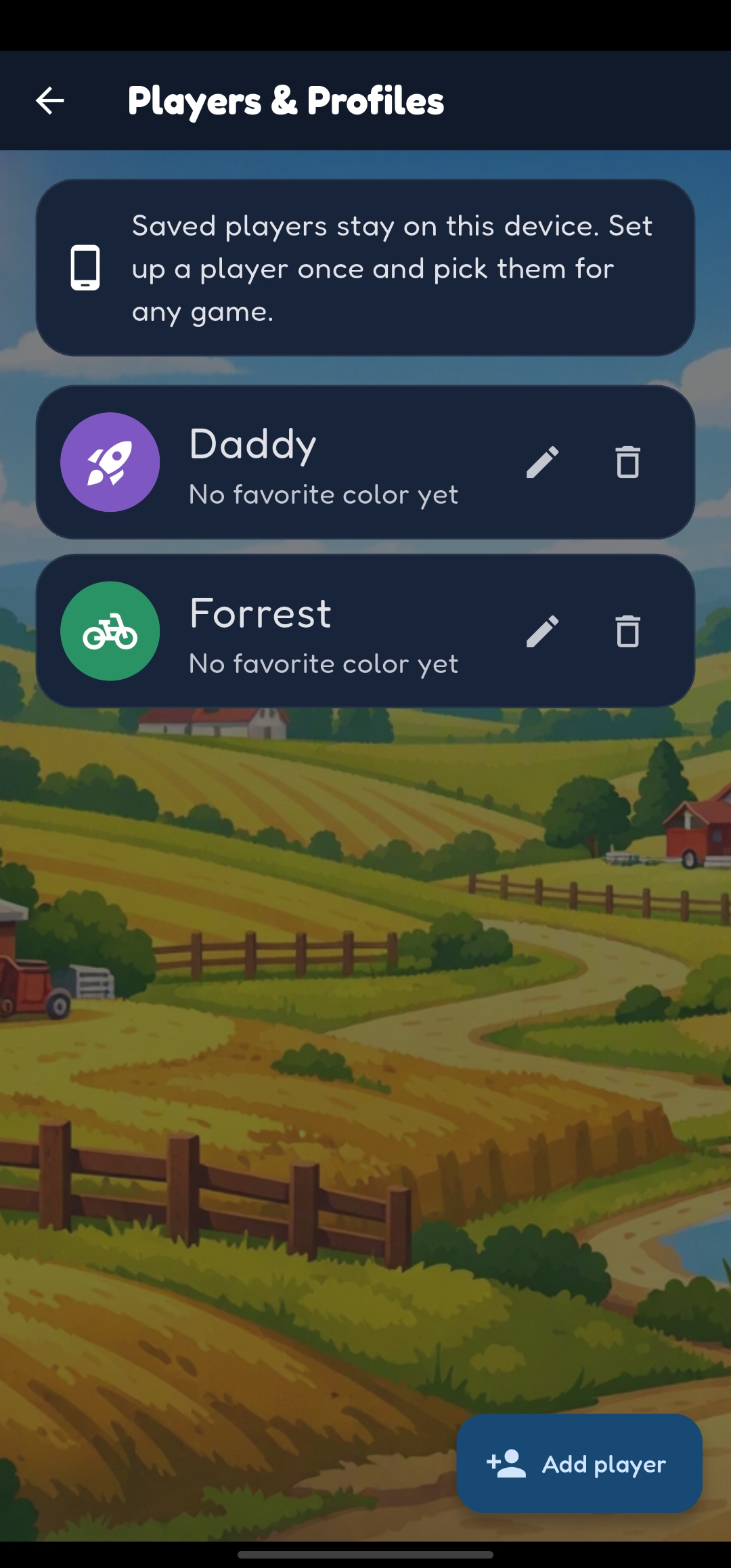 Road Rivals Players and Profiles screen showing saved family players stored on the device