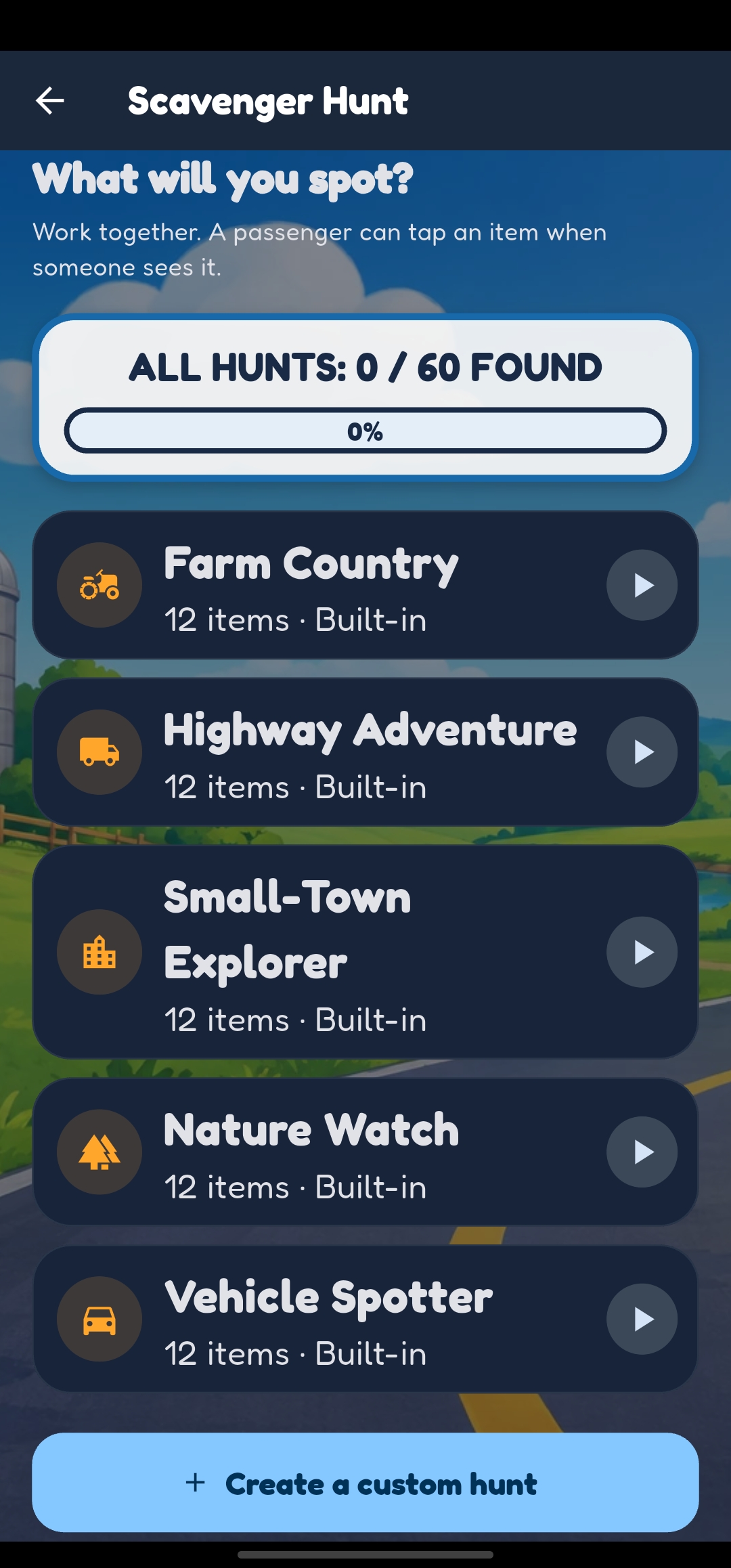 Road Rivals scavenger hunt screen with themed lists such as Farm Country, Highway Adventure, and Nature Watch